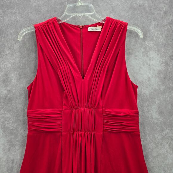 Calvin Klein Red Knee Length Pleat Sleeveless Fit Flare Formal Party Dress 12 - Picture 3 of 8